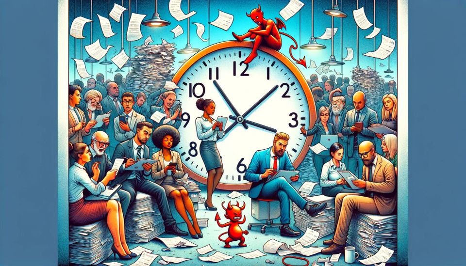 Job candidates in a whimsical yet chaotic office setting, dealing with interview expenses