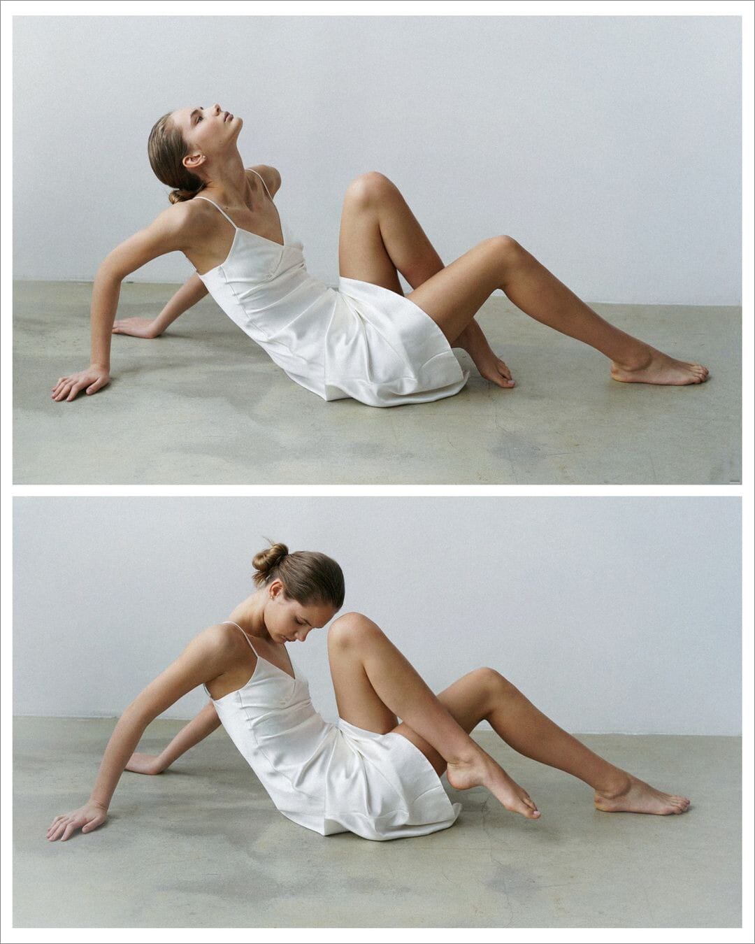 Two frames of Olita Pimonova leaning back on the studio floor in a white slip dress, one looking up, one looking down, by Maria Kudryavtseva.