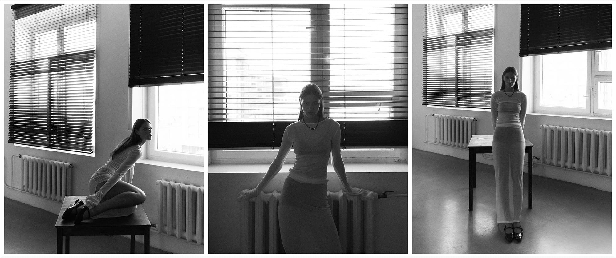 Triptych of Eva Shevkoplyas in sheer white against blinds and radiators, seated, standing and backlit, photographed by Olesya Skvortsova.