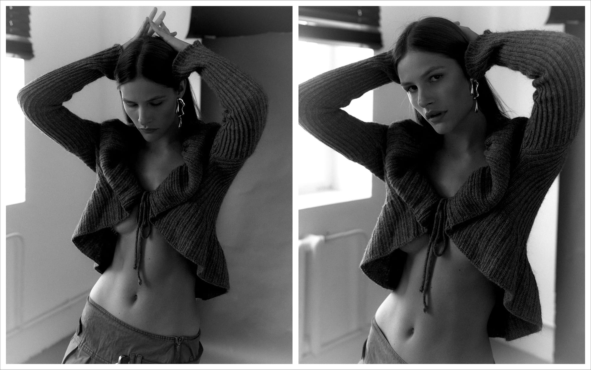 Diptych of Eva Shevkoplyas with hands in her hair wearing an open grey cardigan and belted skirt, photographed in black and white by Olesya Skvortsova.