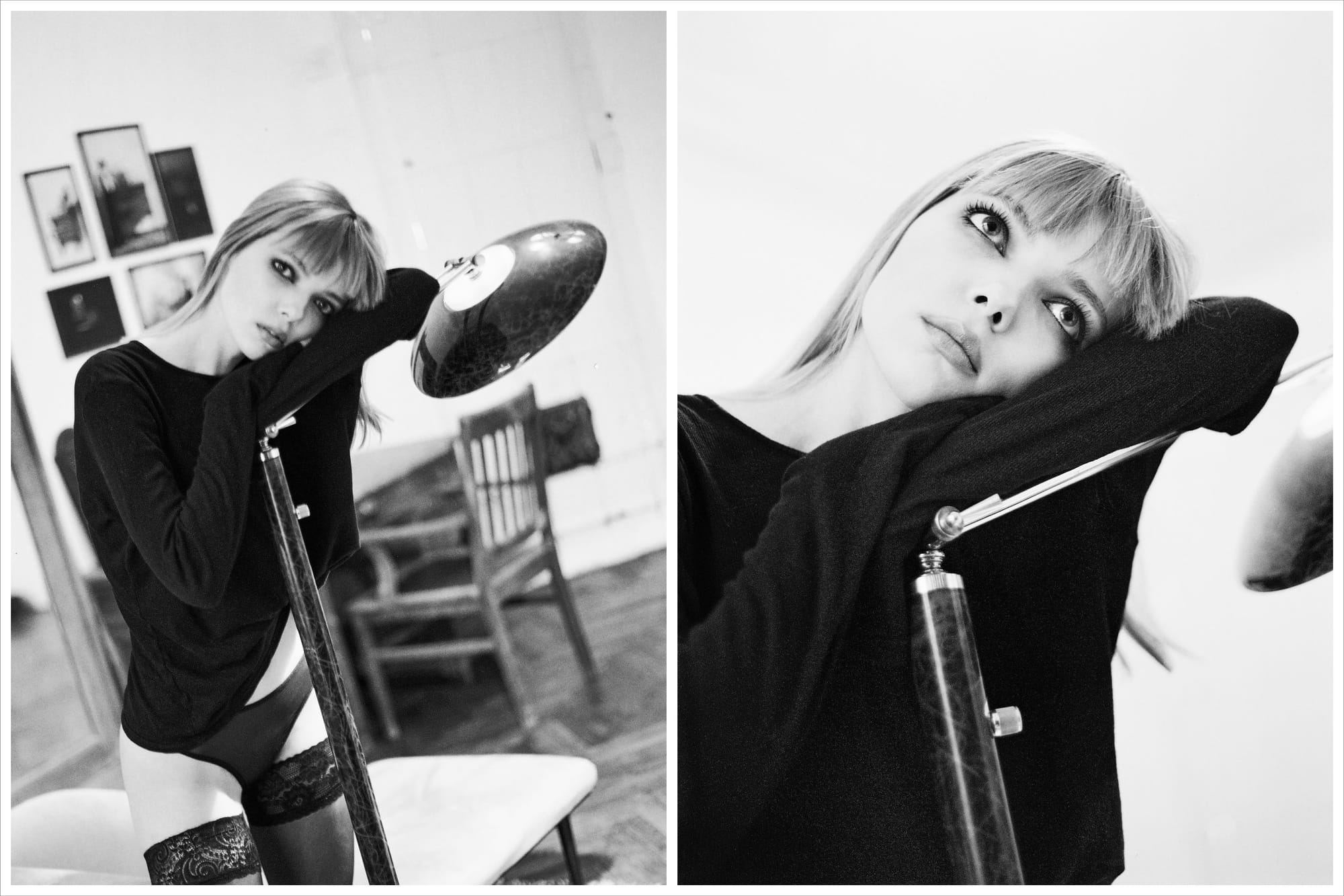 Diptych of Mari Marchenkova leaning on a desk lamp in a black sweater and lace stockings, framed prints on the wall behind her, by Anna Verkhoumova.