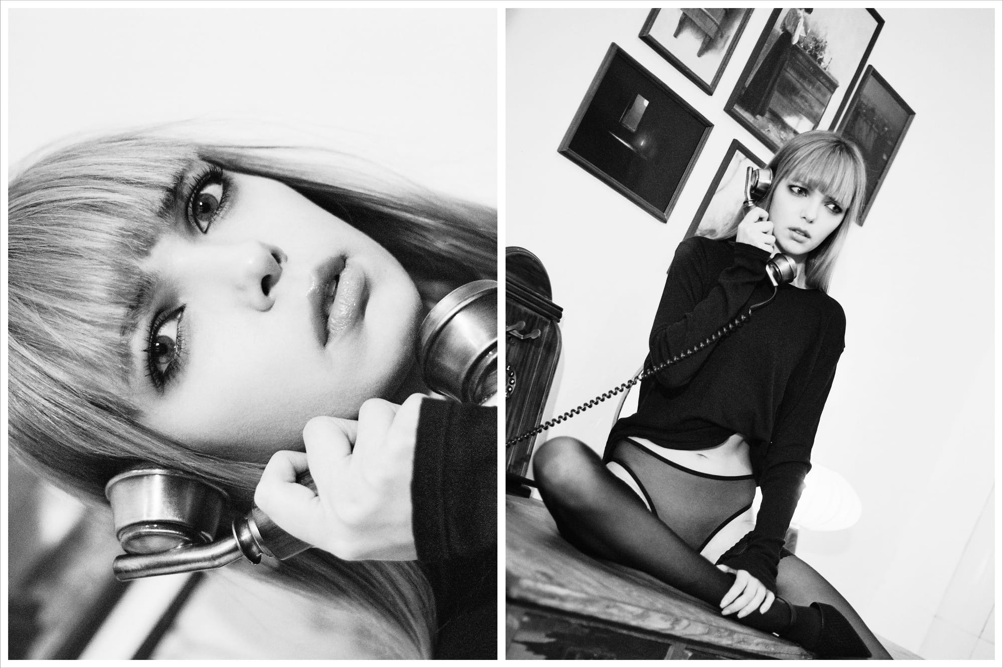 Diptych of Mari Marchenkova speaking into a vintage rotary phone, close-up and seated on the desk, photographed by Anna Verkhoumova.