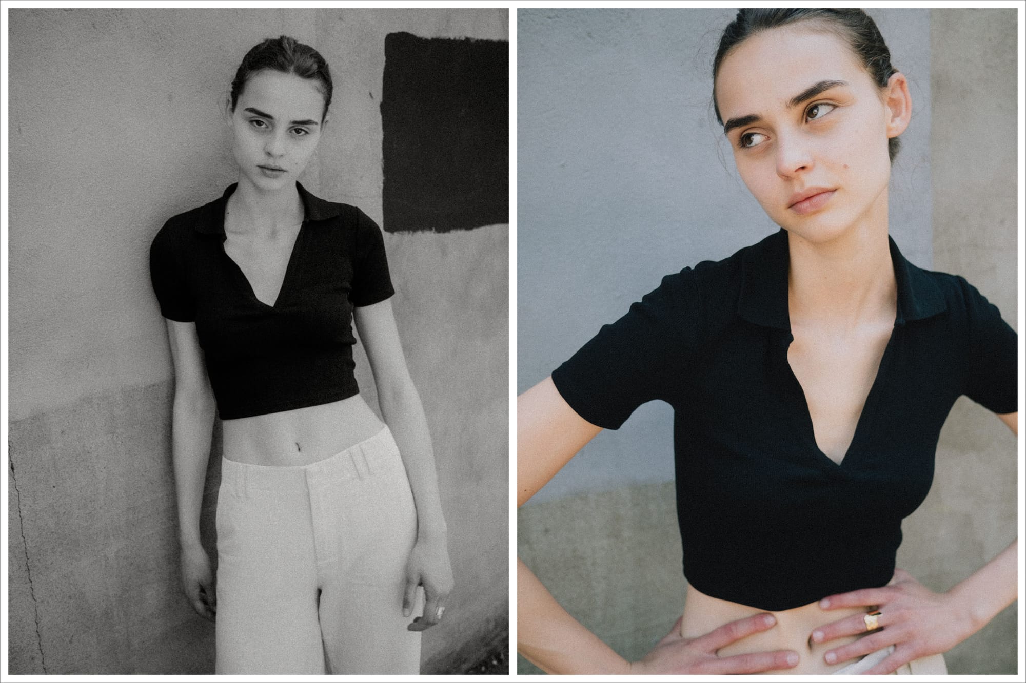 Diptych of Giulia Bonatesta against a painted wall in a cropped black polo and cream trousers, photographed by Charles Cave.
