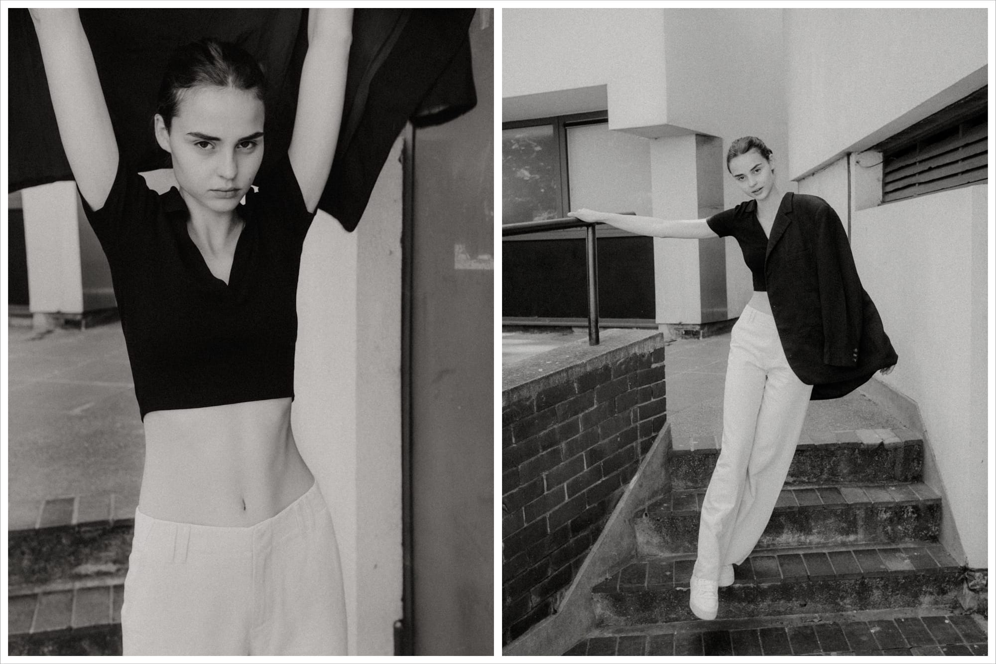 Diptych of Giulia Bonatesta with her arms raised against a wall and again descending brick steps in a black blazer, photographed by Charles Cave.