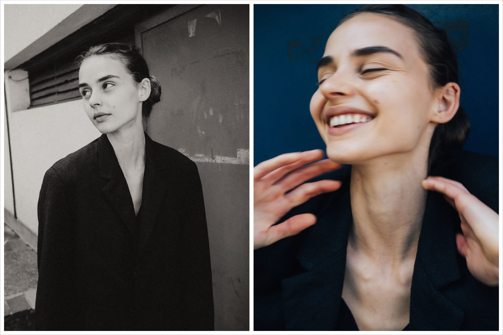 Diptych of Giulia Bonatesta in profile by a service door and laughing with eyes closed against a deep blue wall, photographed by Charles Cave.