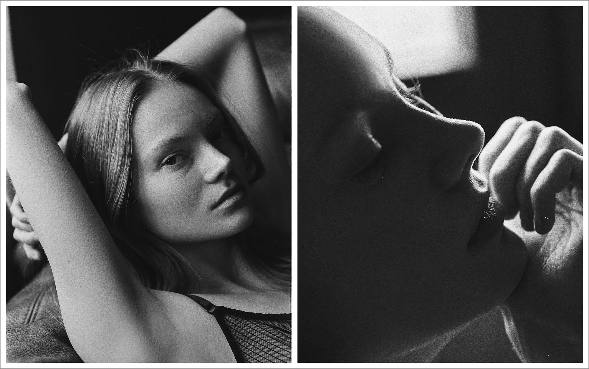 Diptych of Maria Privalova reclining in a sheer striped top, beside a close backlit crop of her neck and hand, by Natasha Skatnikova.