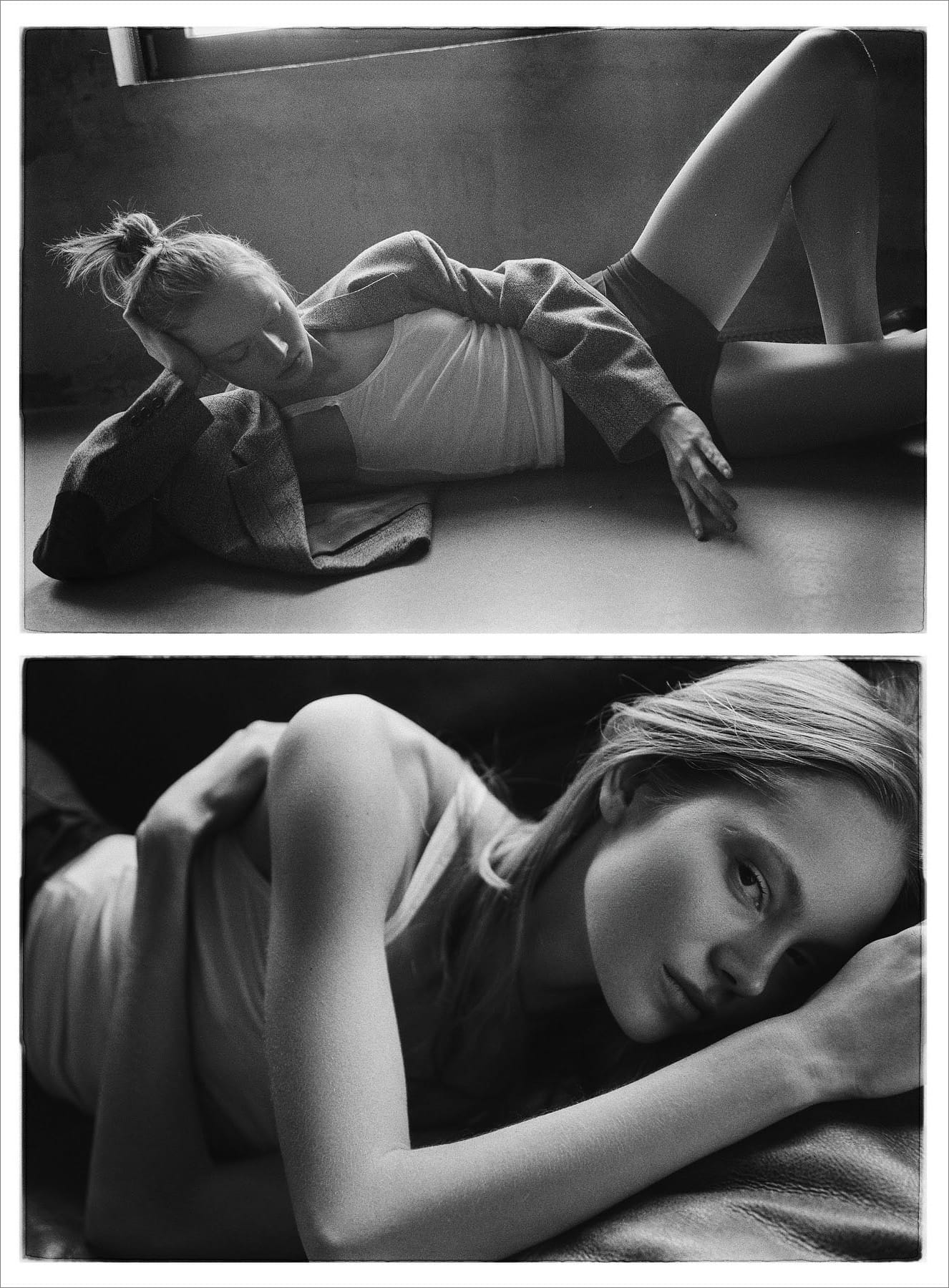 Diptych of Maria Privalova lying on the floor in a blazer and tank, then resting her head on her arm, by Natasha Skatnikova.