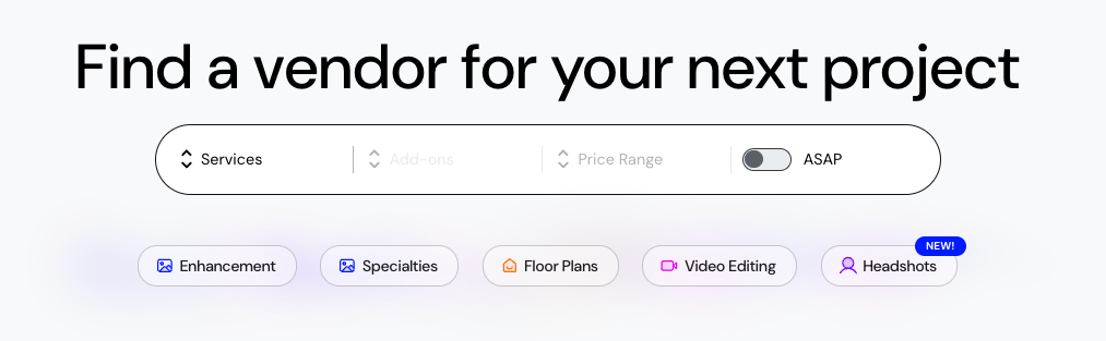 Pixlmob search tool with filters for services, price range, and an ASAP toggle, featuring service options like Enhancement, Floor Plans, Video Editing, and Headshots (new).