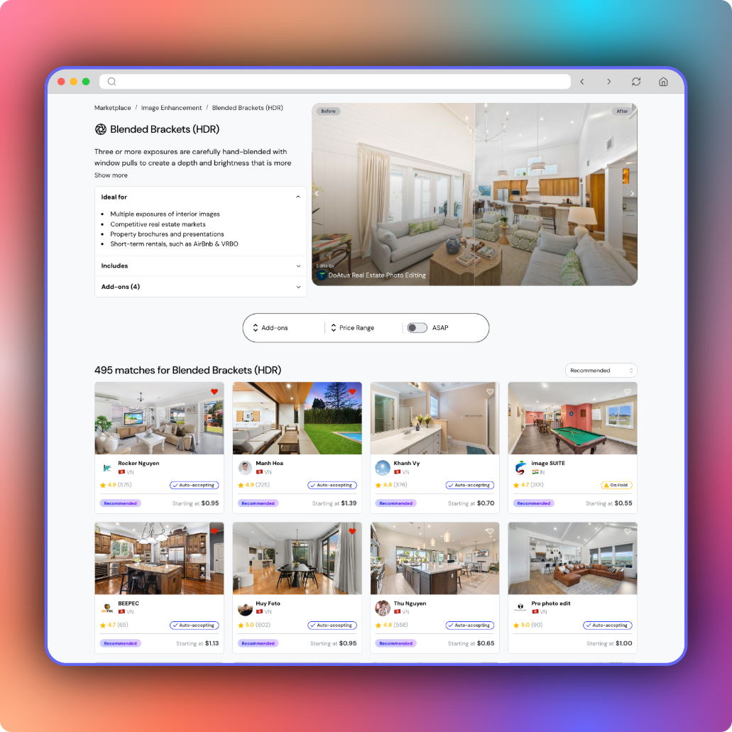 Explore Pixlmob’s HDR Blended Brackets marketplace, featuring 495 professional editors with auto-accepting options, starting as low as $0.55 per edit.