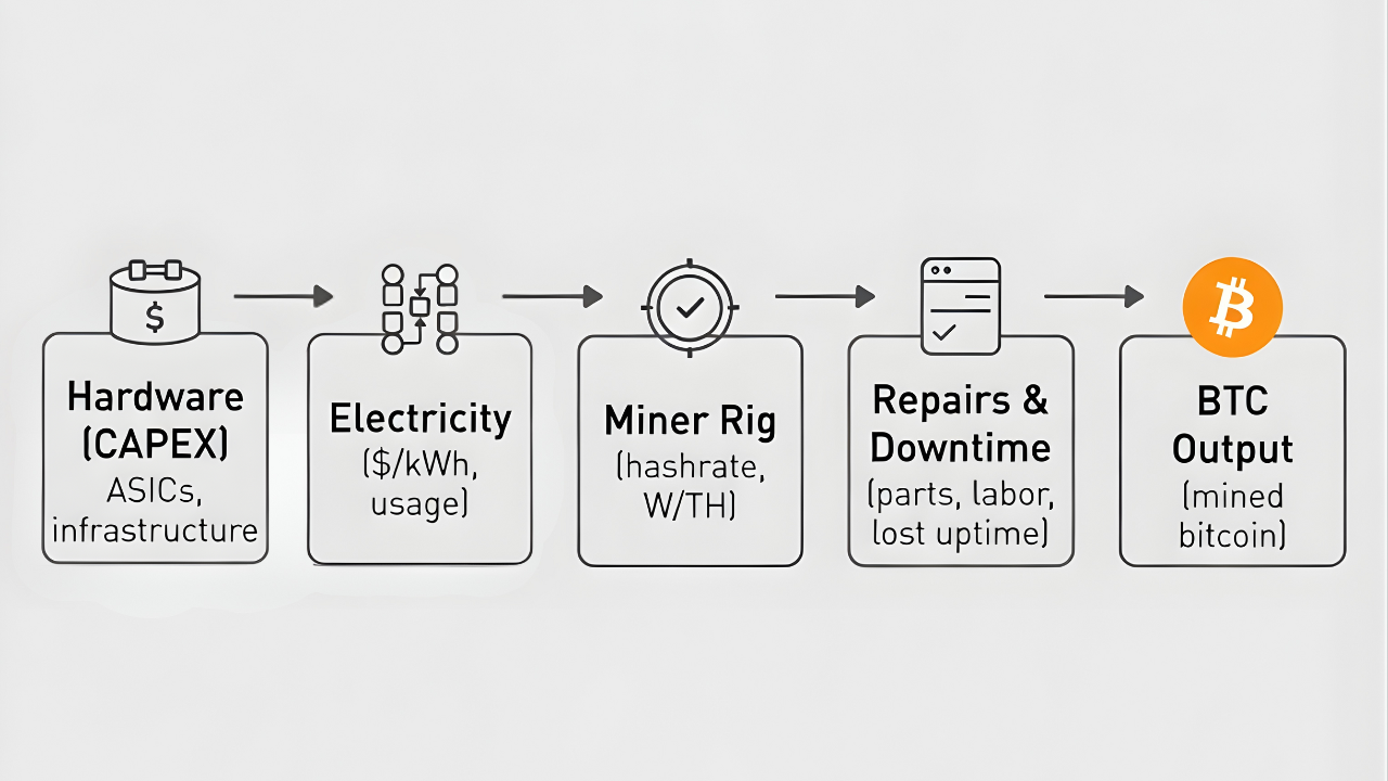 Flowchart showing bitcoin mining cost components in sequence: Hardware CAPEX (ASICs and infrastructure) flows to Electricity ($/kWh usage) to Miner Rig (hashrate and W/TH efficiency) to Repairs and Downtime (parts, labor, lost uptime) to BTC Output (mined bitcoin)