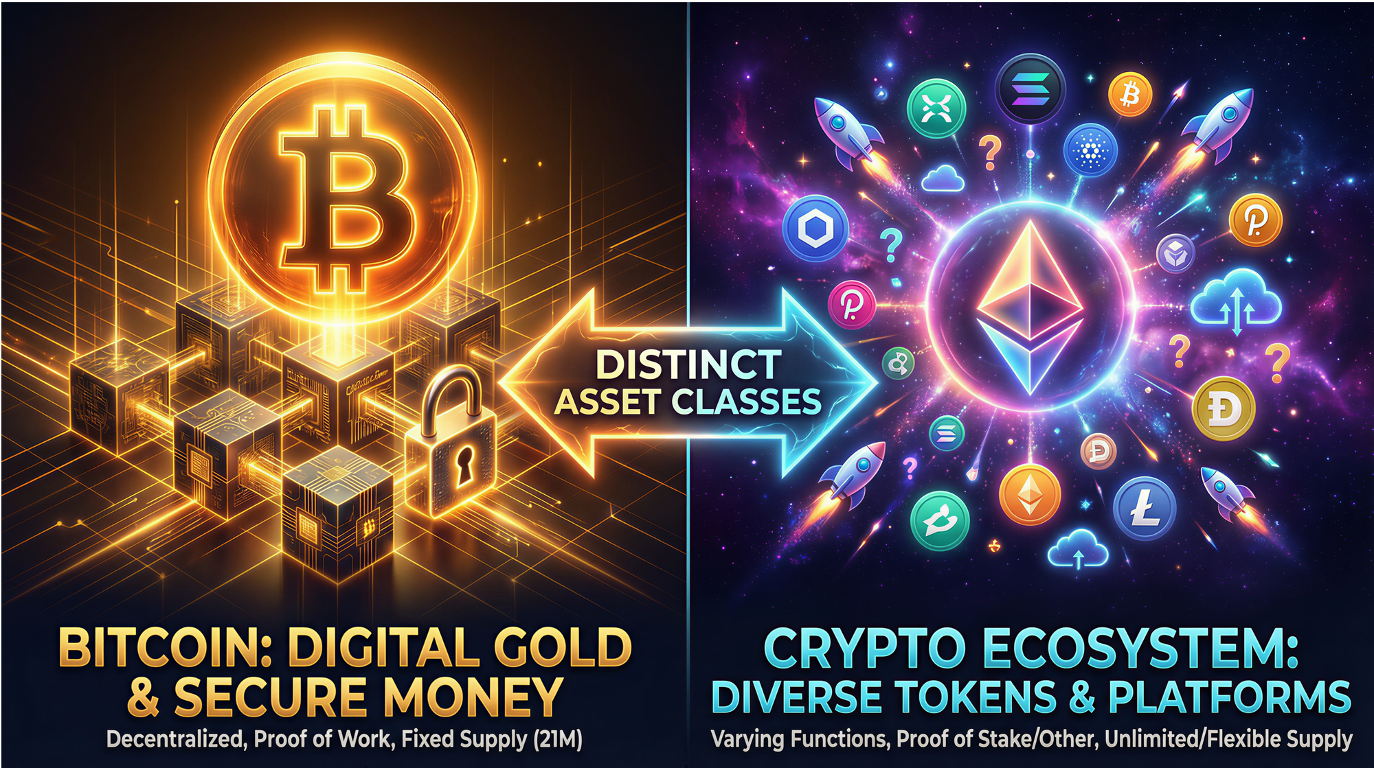 Side-by-side comparison showing Bitcoin as digital gold with Proof-of-Work and fixed 21 million supply on the left versus the broader crypto ecosystem with Ethereum and various altcoin logos representing diverse tokens with flexible supply policies on the right