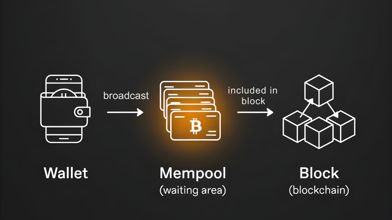 Bitcoin transaction flow diagram showing wallet broadcasting to mempool waiting area then included in blockchain block