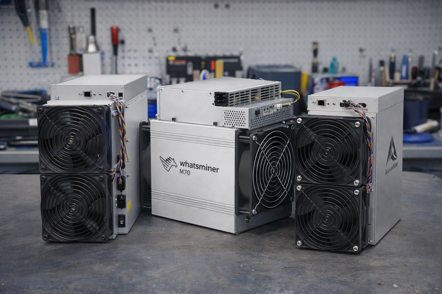 Side-by-side comparison of Bitmain Antminer, MicroBT Whatsminer, and Canaan AvalonMiner units on a technician's bench next to a manufacturer comparison table.