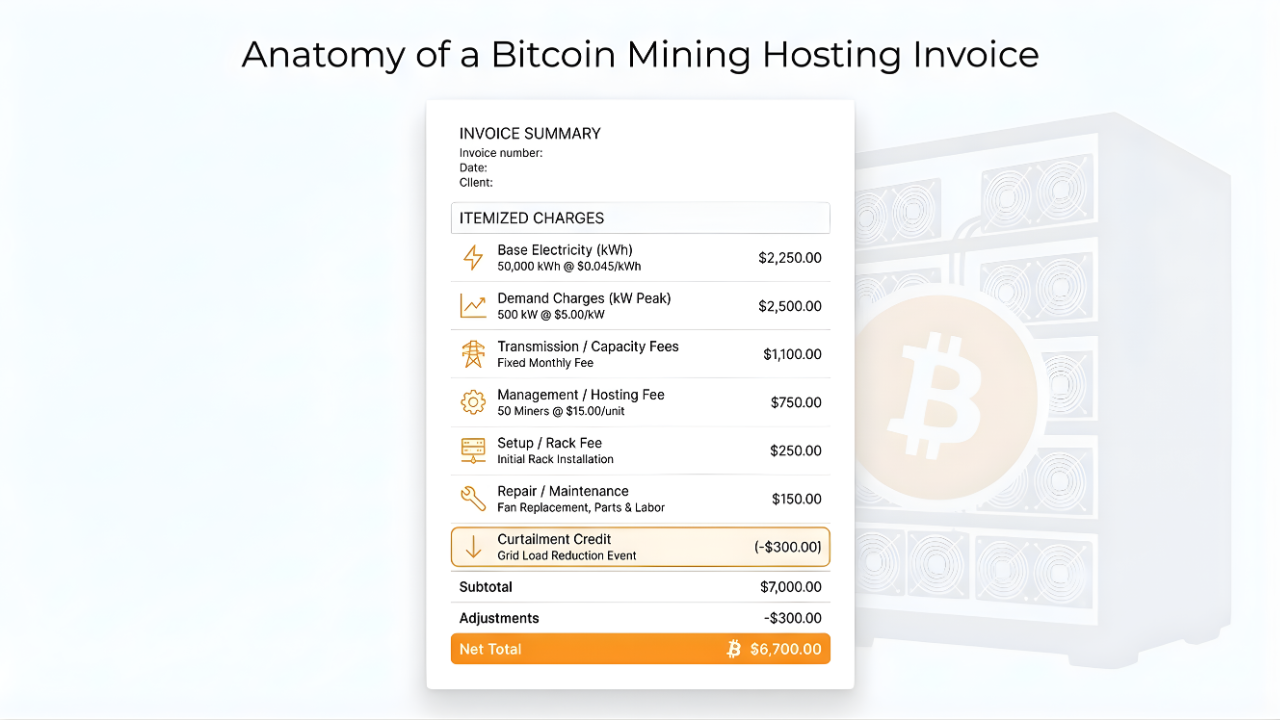 Infographic titled Anatomy of a Bitcoin Mining Hosting Invoice showing itemized charges including base electricity, demand charges, transmission fees, management fees, and setup costs.