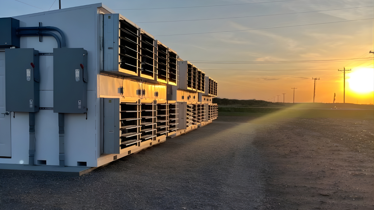 A photograph of a Simple Mining container facility at sunset, focusing on a long bank of operational industrial cooling fans and air handling units, with large electrical boxes on the far left.