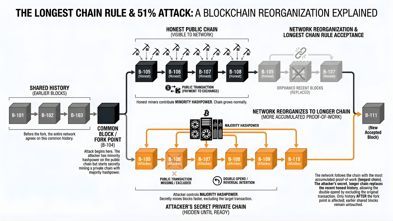 Diagram of a 51% attack showing shared blocks fork into a shorter honest public chain and a longer, secret attacker private chain. The honest chain is replaced due to the longest chain rule, orphaning recent blocks and enabling double-spending.
