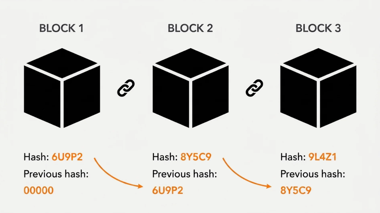 A technical infographic showing three sequential blocks (Block 1, Block 2, and Block 3) represented by black cube icons. Arrows demonstrate the "cryptographic chaining" process: Block 1's unique hash (6U9P2) becomes the "Previous Hash" for Block 2, and Block 2's unique hash (8Y5C9) becomes the "Previous Hash" for Block 3. Block 1, serving as the Genesis block, has a previous hash of 00000.