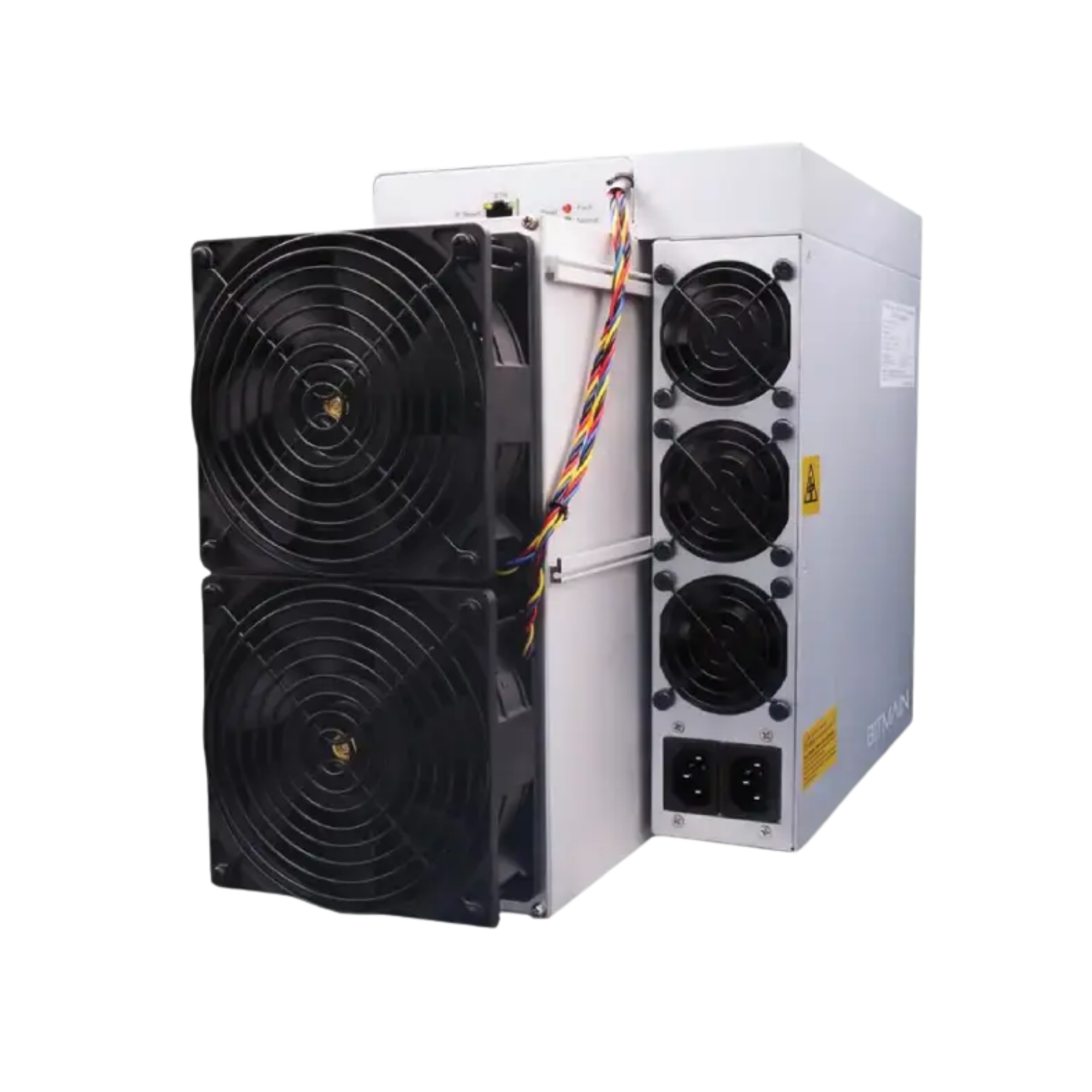 A 3/4 view of the metallic gray Antminer L9 Scrypt miner against a transparent background. Wires connect the smaller hashboard section, featuring status LEDs and an ethernet port, to the larger integrated power supply with its two distinct C20 power inlets.