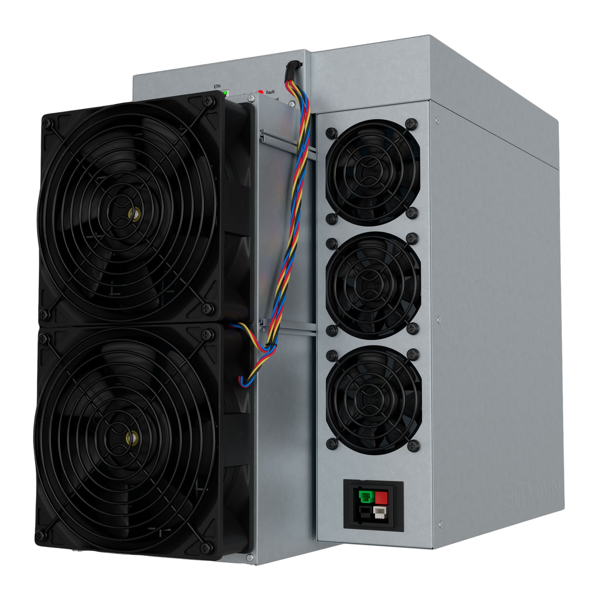 Angled studio shot of the Bitmain Antminer S21 XP air-cooled Bitcoin miner, showing the dual front intake fans and side power supply unit against a black background.