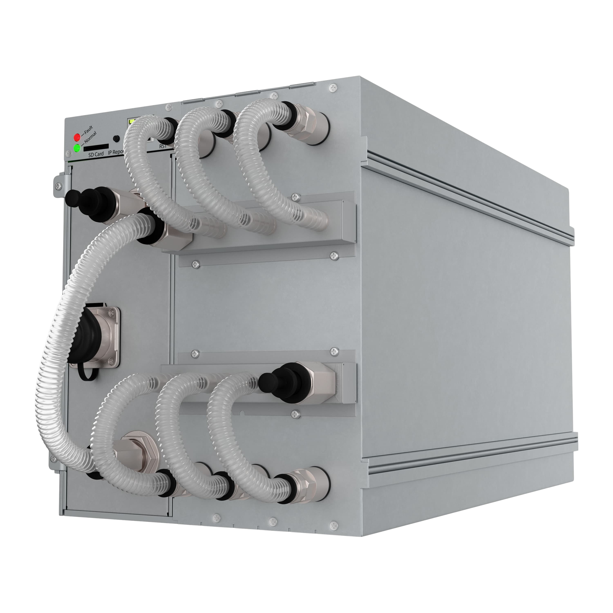 3D render of a metallic gray Antminer S21e XP Hydro against a transparent background. Transparent corrugated tubing shows intricate hydro-cooling loops. Front panel includes status LEDs, SD slot, and IP report button