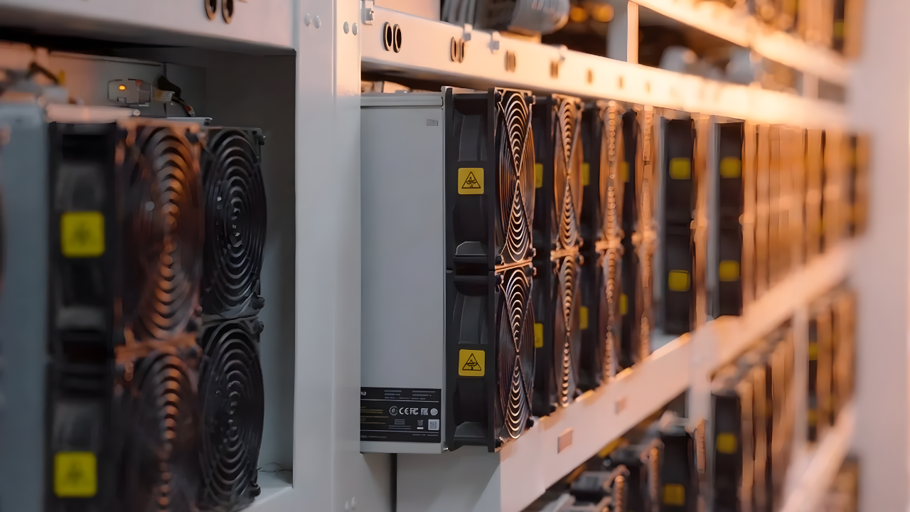 A row of Bitcoin ASIC miner machines with prominent front dual fans, stacked neatly on an industrial metal rack in a data center with warm lighting.