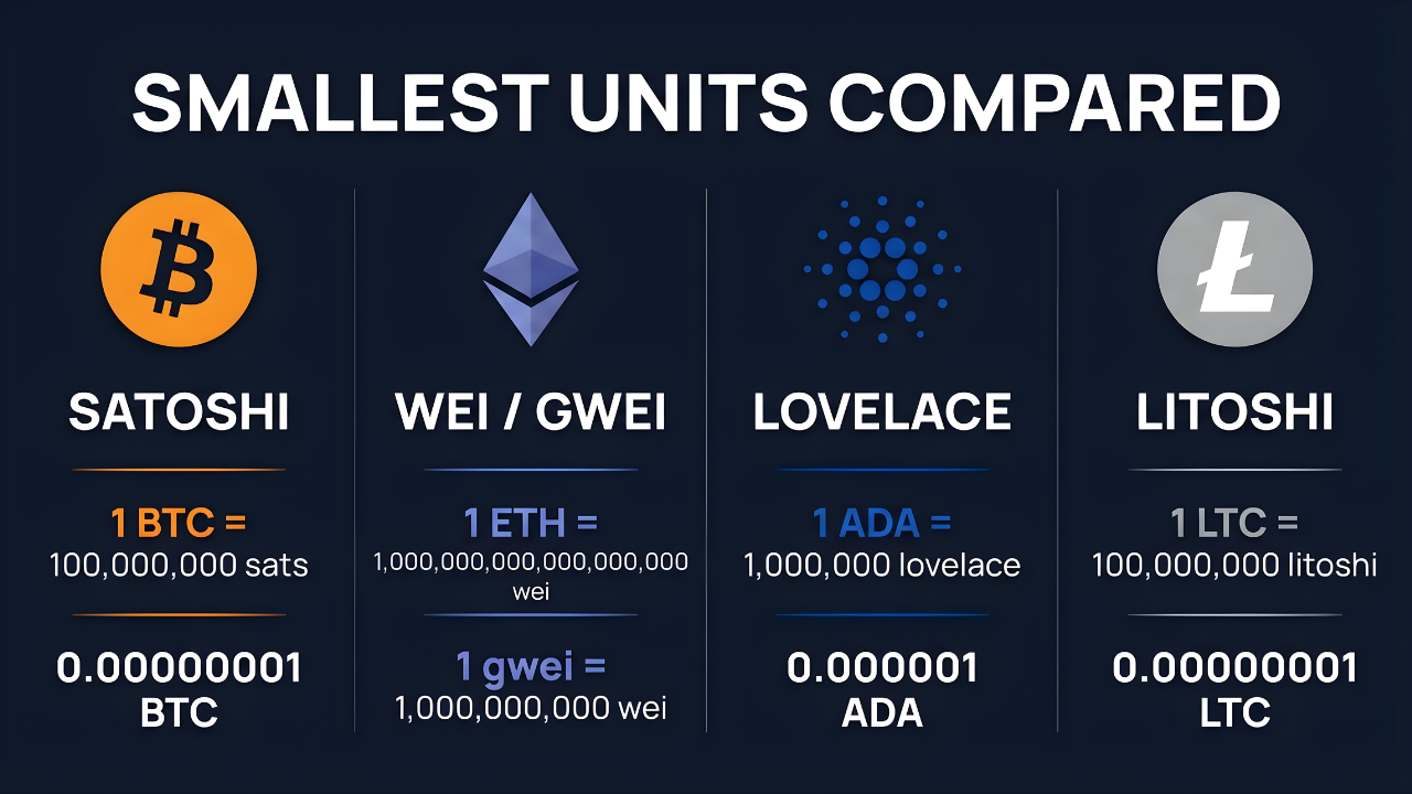 Infographic comparing the smallest units of Bitcoin, Ethereum, Cardano, and Litecoin with satoshi, wei and gwei, lovelace, and litoshi values showing each coin's divisibility.
