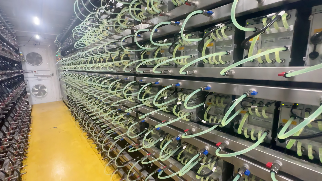 Rows of hydro-cooled ASIC miners with green coolant hose loops stacked floor-to-ceiling at a Simple Mining hosted Bitcoin mining facility in Iowa.