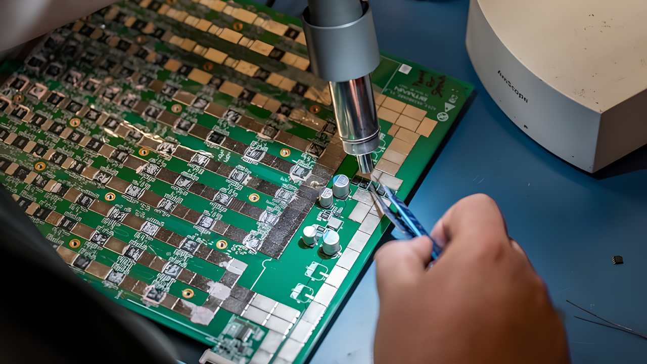 Close-up of a hashboard repair at an in-house Bitcoin miner repair bench, with a technician using a microscope and precision tools on a Bitmain ASIC board.