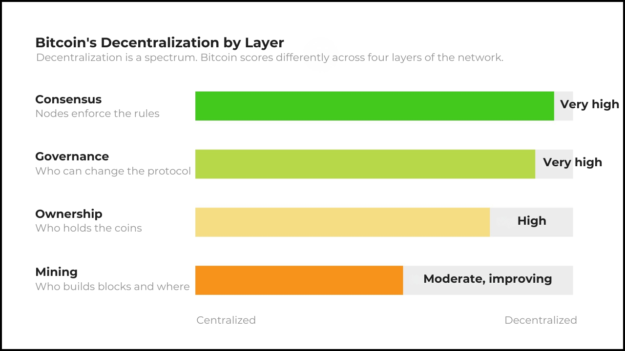 Spectrum chart grading Bitcoin's decentralization by layer: consensus and governance very high, ownership high, mining moderate and improving, from centralized to decentralized.