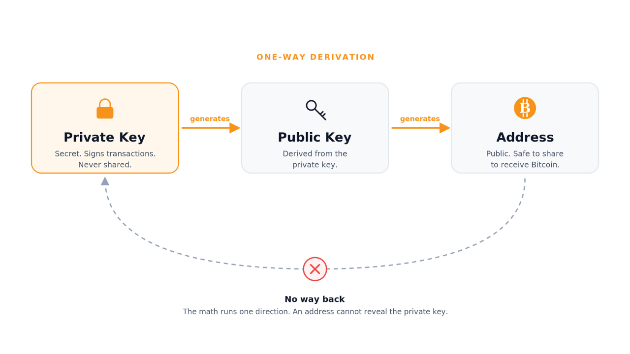 Diagram showing a private key generates a public key, which generates a Bitcoin address, with a crossed-out reverse arrow showing the chain cannot run backward.