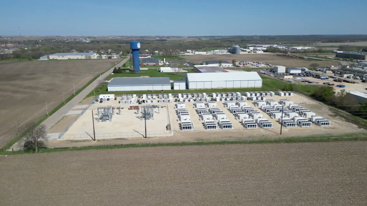 Aerial view of Simple Mining's Bitcoin mining site in Iowa, with an on-site substation and secured grid interconnect.