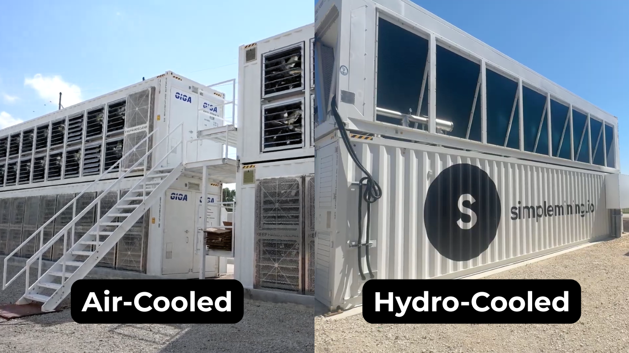 Side-by-side comparison of an air-cooled GIGA mining container and a hydro-cooled Simple Mining container at its Iowa data center