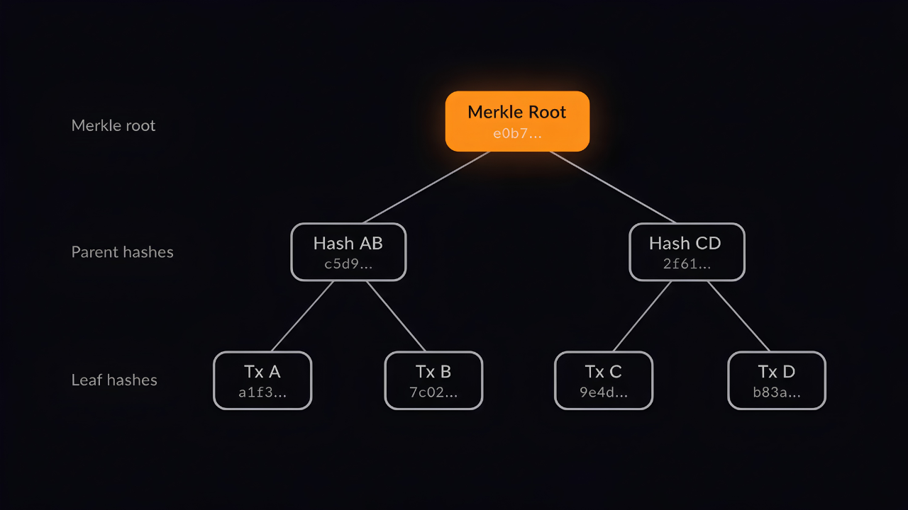 Binary Merkle tree diagram with four leaf hashes Tx A to Tx D pairing into parent hashes AB and CD, then combining into one Merkle root at the top