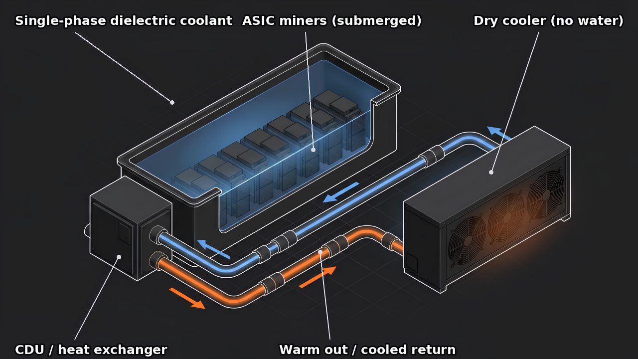 Isometric diagram of a single-phase immersion cooling loop: ASIC miners submerged in dielectric coolant in a tank, a CDU heat exchanger, and an outdoor dry cooler, with warm coolant flowing to the cooler and cooled coolant returning to the tank.