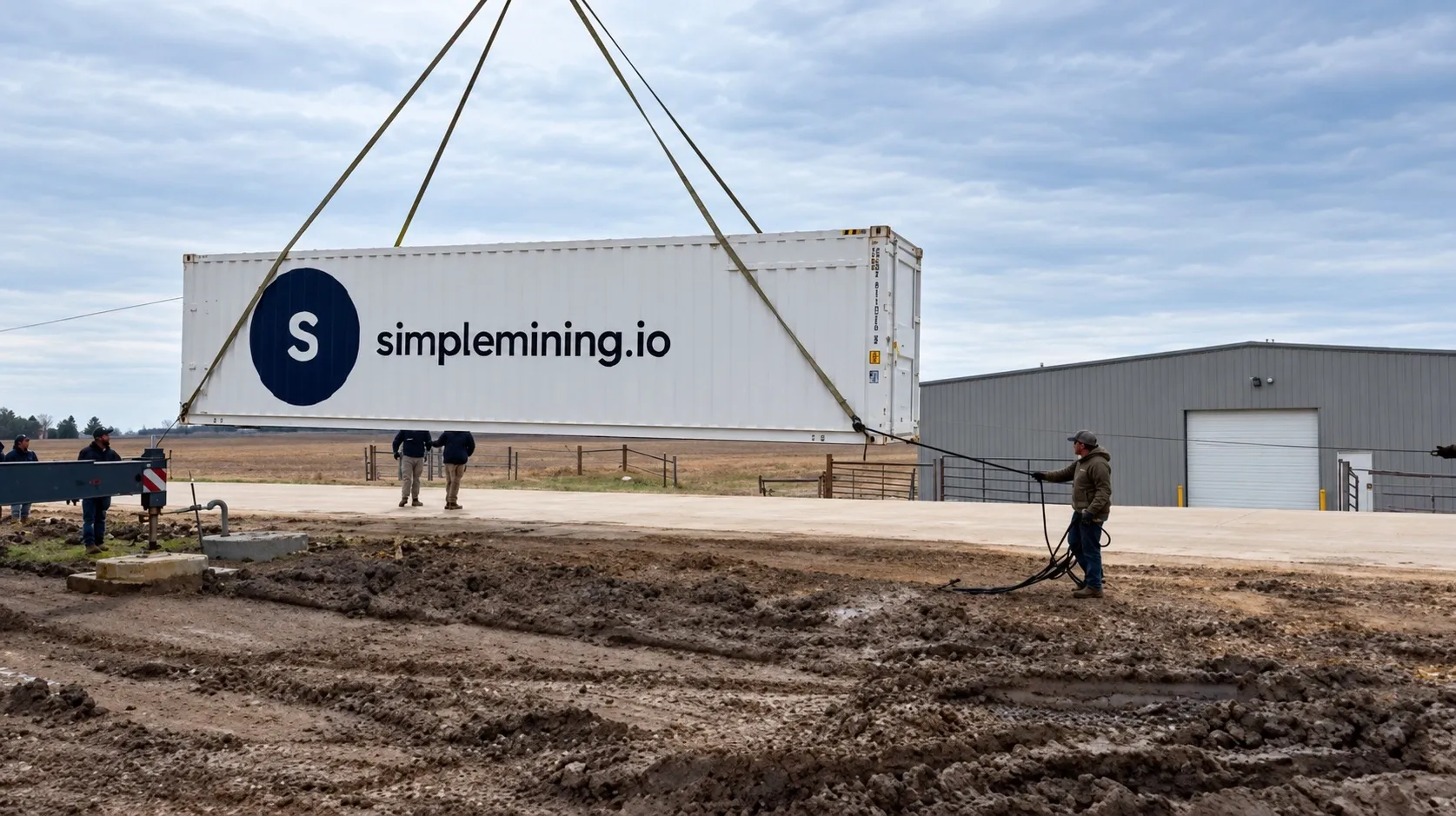 A crane lowers a Simple Mining Bitcoin mining container onto its pad at an Iowa site as crew members guide it into place with a tag line.