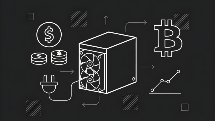 Illustration showing bitcoin mining process: electricity flowing into an ASIC miner, converting power into Bitcoin with an upward trending chart