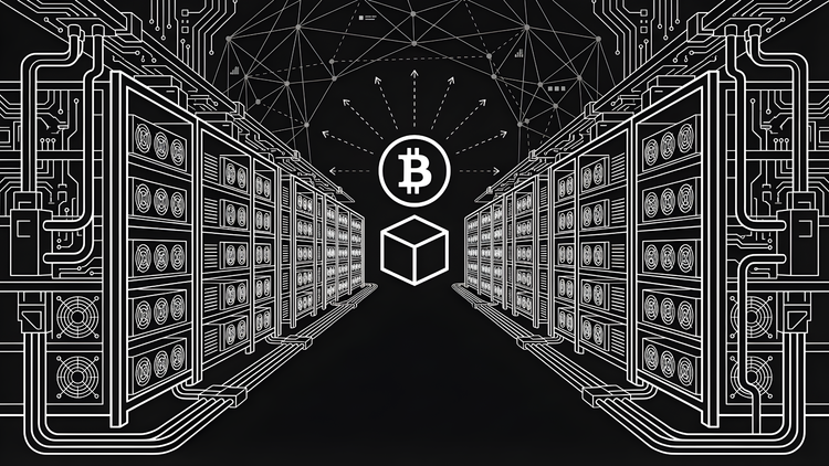 Illustration of Bitcoin mining facility with ASIC miners and blockchain network connections