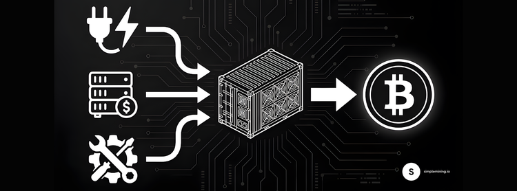 Diagram showing Bitcoin mining cost inputs: electricity, hosting, and repairs flowing through an ASIC miner to produce Bitcoin, with circuit board background