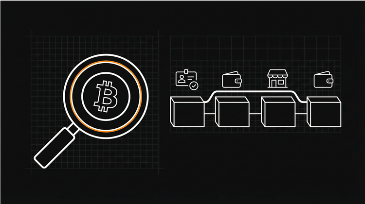 **Alt Text:** Magnifying glass examining Bitcoin symbol next to a blockchain diagram showing transaction flow through KYC verification, wallets, and merchants