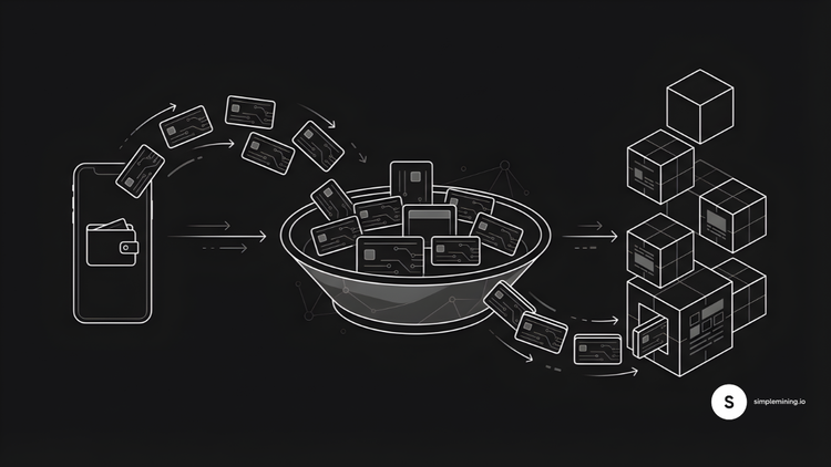 Diagram showing Bitcoin transaction flow from wallet to mempool to blockchain blocks