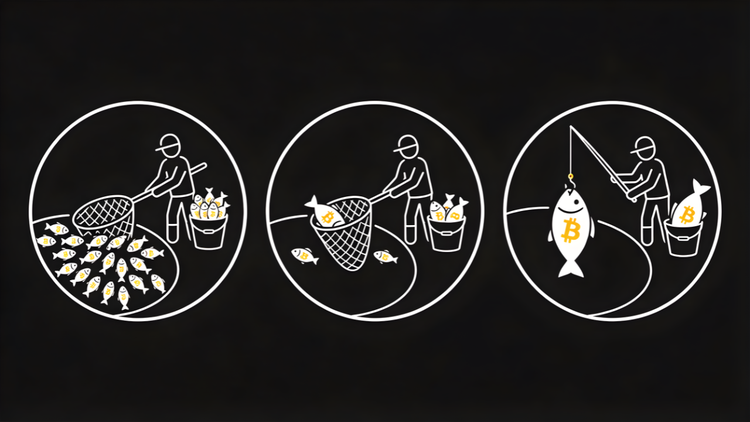 ine-art of three fishermen illustrating Bitcoin mining payouts: many small fish (steady), small and large fish (fees), and a single large catch representing high variance.