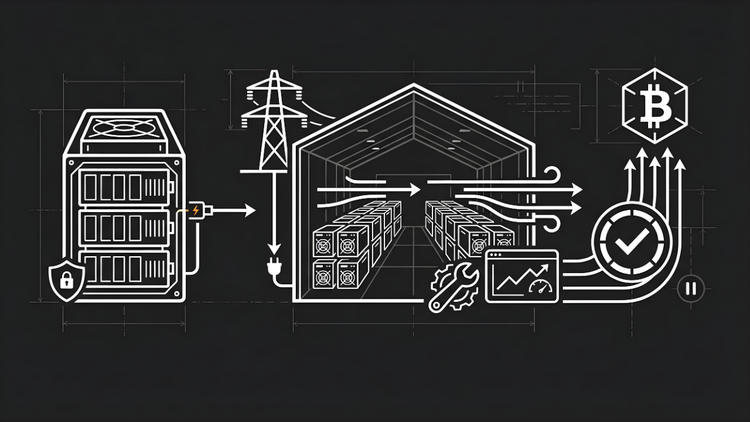 Technical blueprint illustration of hosted Bitcoin mining showing a secure ASIC miner, power grid, data center facility with cooling, and real-time monitoring for Bitcoin production.