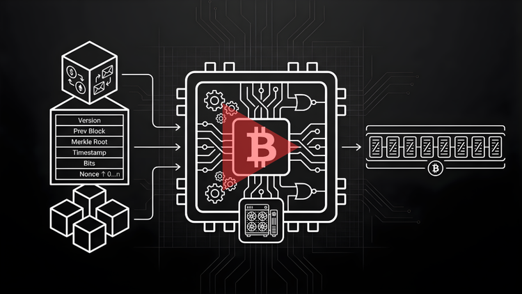 Graphic for What Is a Hash? Video Explainer featuring input data blocks, a central Bitcoin processor with a red play button, and a fixed-length cryptographic output.