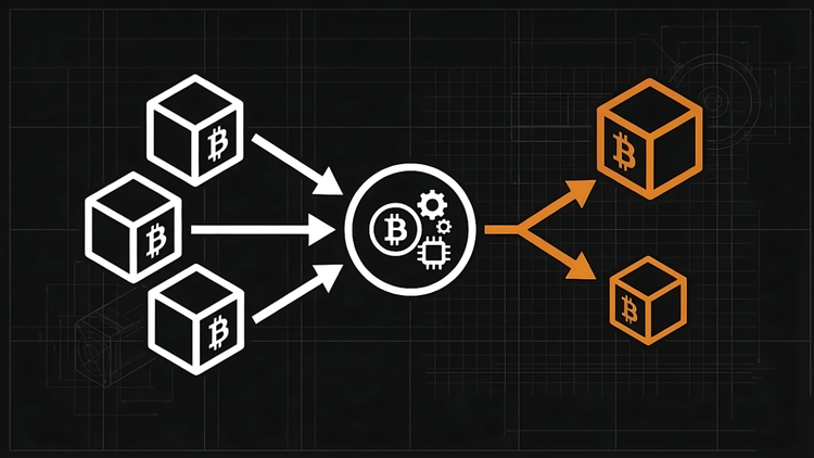 Gemini said A Bitcoin transaction diagram on a blueprint background showing multiple UTXO inputs combining through a central processor to create new UTXO outputs.