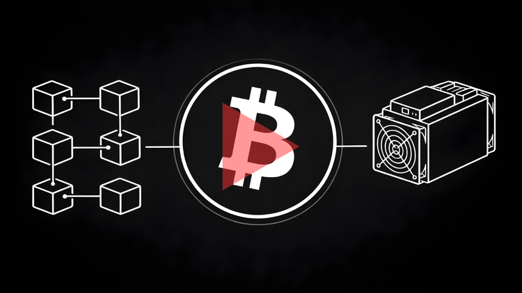 Graphic for What is Bitcoin? Video Explainer featuring a blockchain diagram, the Bitcoin symbol with a red play button, and an ASIC miner icon on a black background.