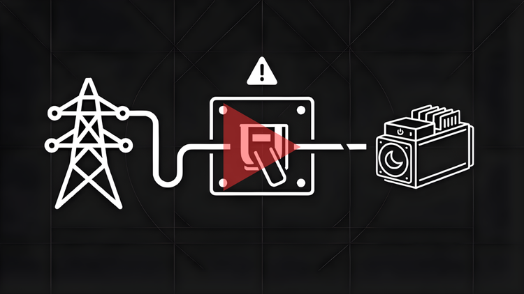 Graphic for What is Curtailment? Video Explainer featuring an electricity pylon, a power switch with a red play button, and a Bitcoin miner icon on a black background.