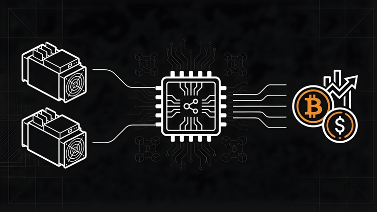 A technical infographic illustrating hashprice: two ASIC miners connect to a central processor chip that outputs Bitcoin and Dollar coins alongside an upward-trending growth chart.