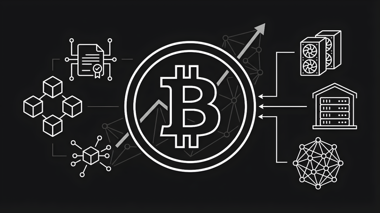 Minimalist line-art of a central Bitcoin symbol flanked by altcoin icons and mining infrastructure, illustrating how network effects and security reinforce its market dominance.