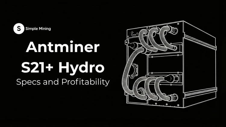 Article cover for 'Antminer S21+ Hydro Specs and Profitability' featuring the Simple Mining logo and a white line-art illustration of a hydro-cooled miner on a black background.