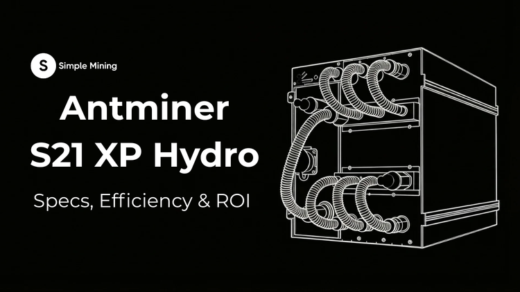 Line-art of a hydro-cooled Antminer S21 XP with text "Antminer S21 XP Hydro Specs, Efficiency & ROI" and Simple Mining logo on a black background.